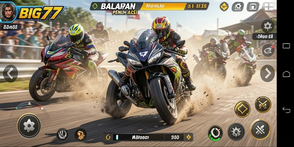Tangkapan layar BIG77 menunjukkan aksi balapan motor yang cepat dan mendebarkan.