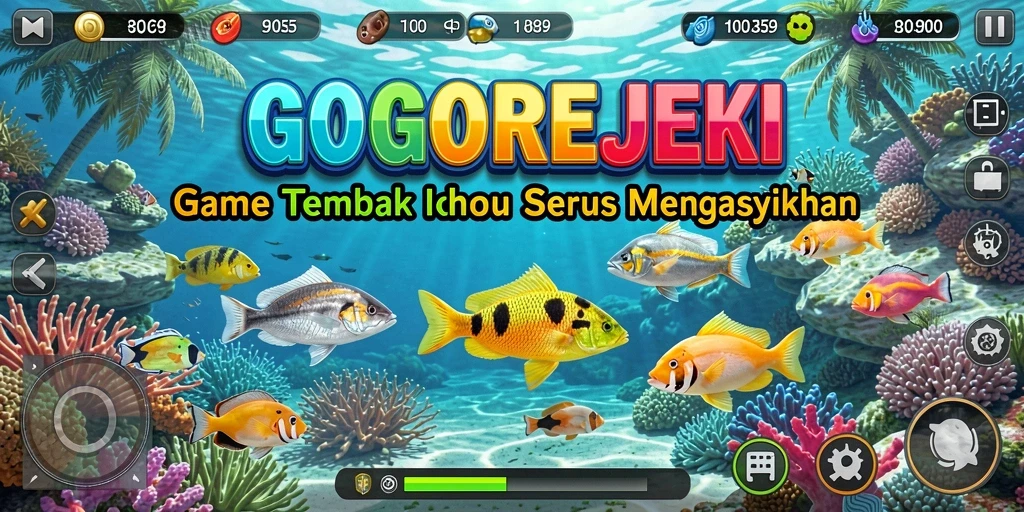 Gameplay GOGOREJEKI dengan berbagai jenis ikan yang ditangkap.