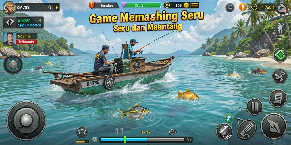 Gameplay menarik dalam KM789 dengan banyak pilihan lokasi memancing.