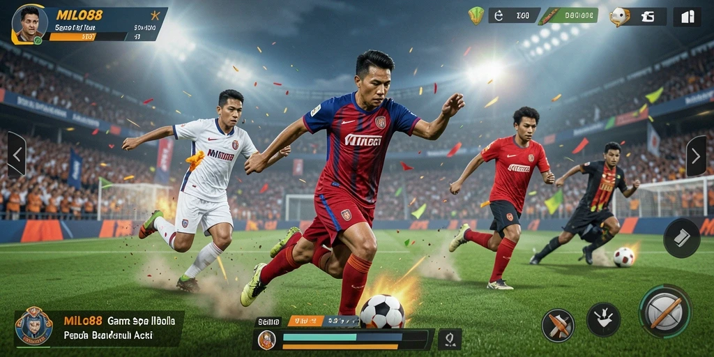 Tampilan gameplay seru dalam MILO88 saat pertandingan sepak bola berlangsung.